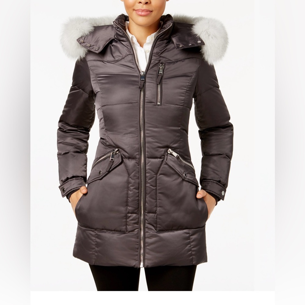 Madison Charcoal Puffer Coat with Faux Fur Trim - Picture 1 of 12